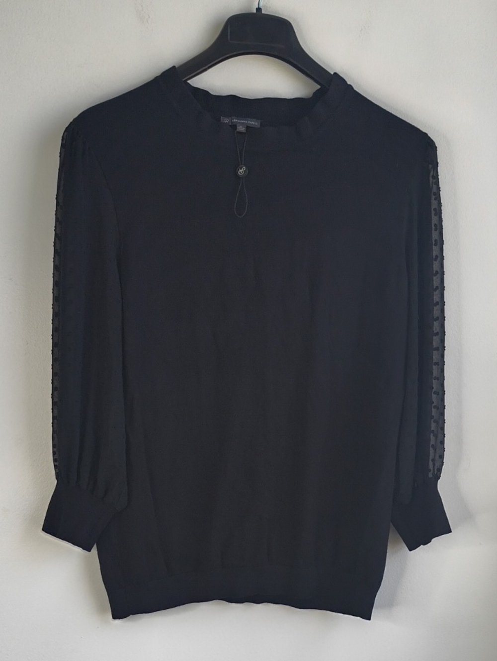 Adrianna Papell Black Knit Sweater with Sheer Dotted Long Sleeves
